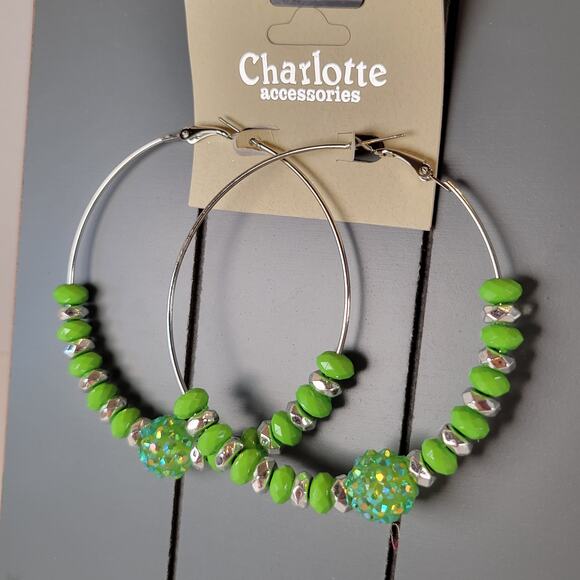 Large Green Beaded Hoop Earrings 3" Silver Tone Rhinestone Accent Pierced Trendy - Picture 3 of 7